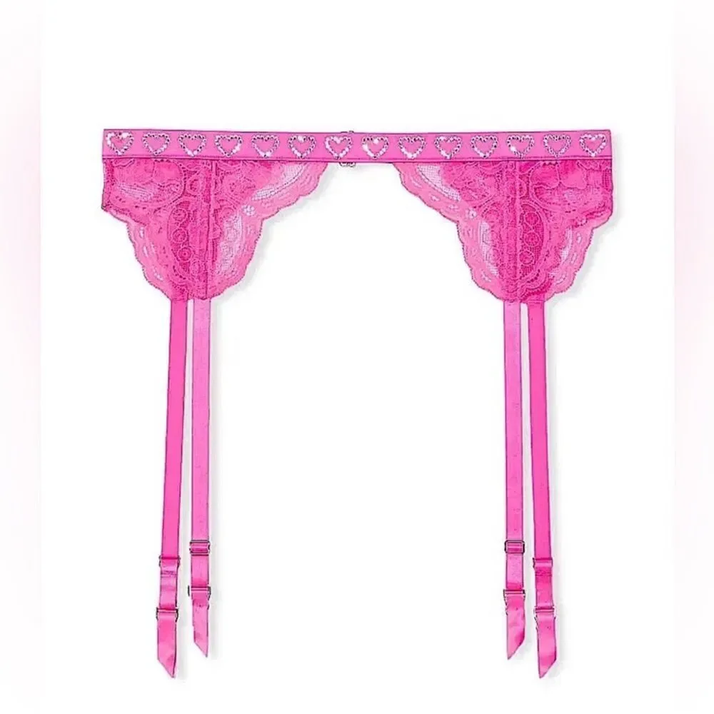 Victoria’s Secret Very Sexy Pink Lace Crystal Hearts Strap Garter Belt Pink Xs/S